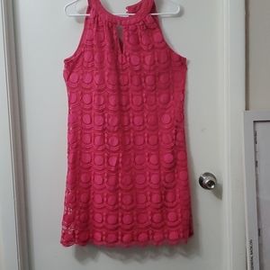 Hot pink lace keyhole halter dress